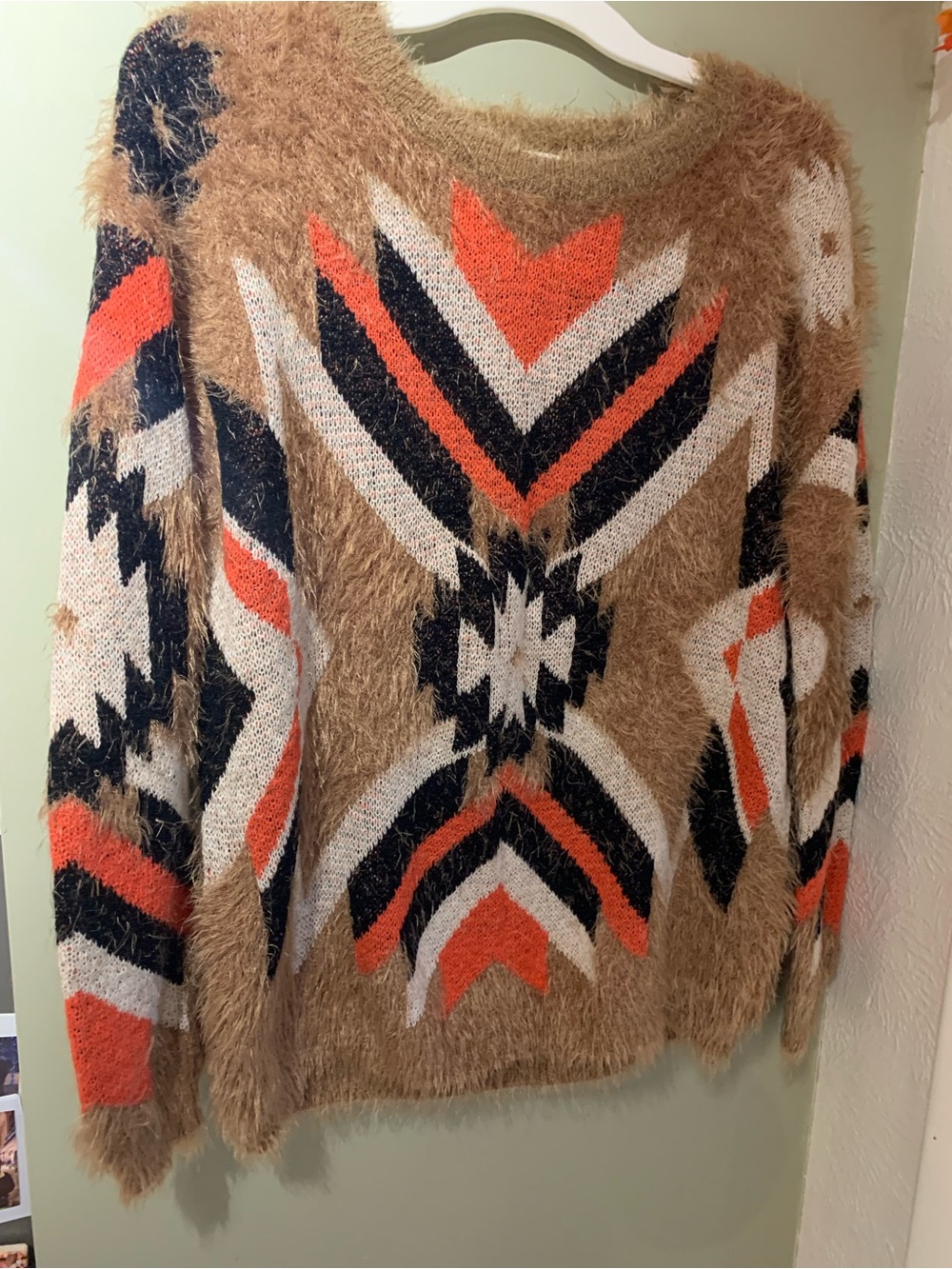Cozy Geometric Fuzzy Sweater - Camel, Black & Orange